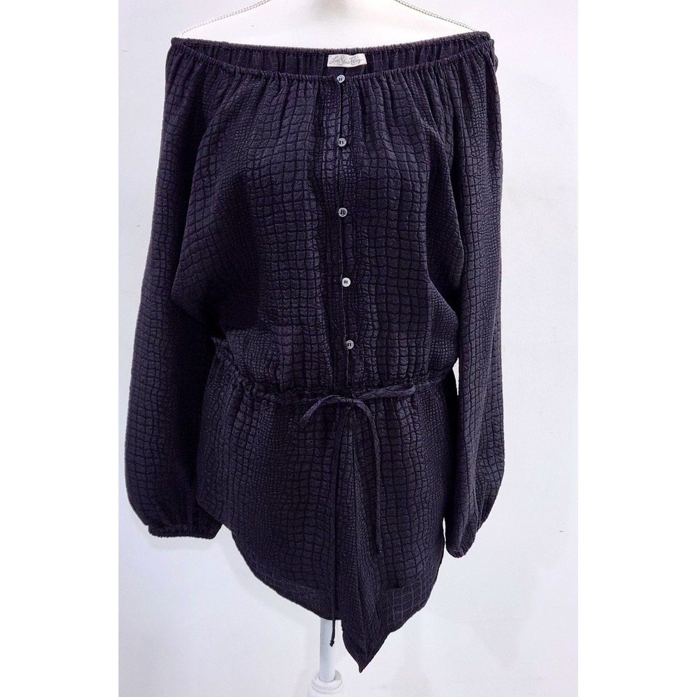 LoveShackFancy Black 100% Silk Off Shoulder‎ Romper Textured Grid Button Front 1